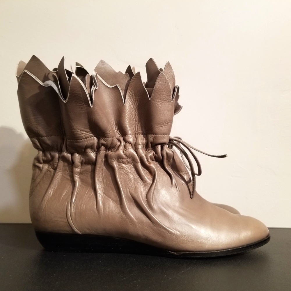 Women's Taupe Leather Ruffle Ankle Boots